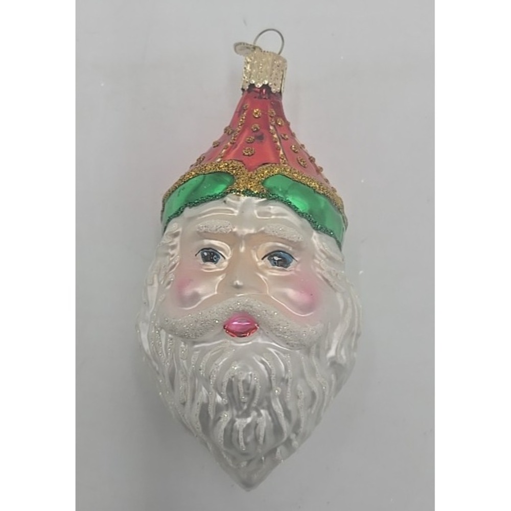 Hand Blown‎ Glass Santa Claus Face Christmas Ornament Red Green Glittery Beard